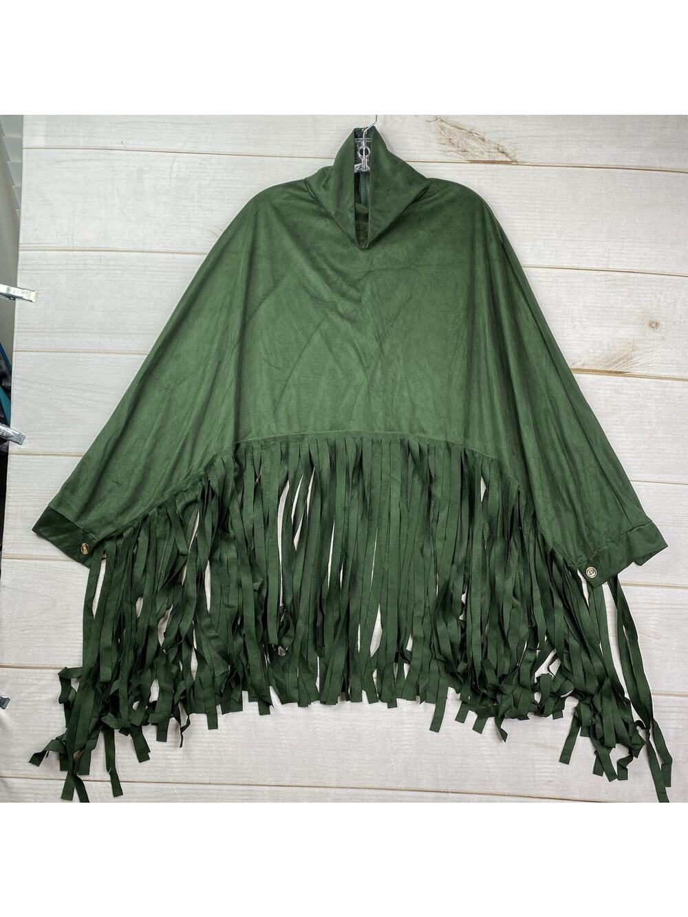 La Mode Tunic Womens L Hunter Green Turtleneck Fringe MicroFleece Boho NWT